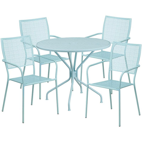 Flash Furniture 35.25'' Round Sky Blue Indoor-Outdoor Steel Patio Table Set with 4 Square Back Chairs - CO-35RD-02CHR4-SKY-GG