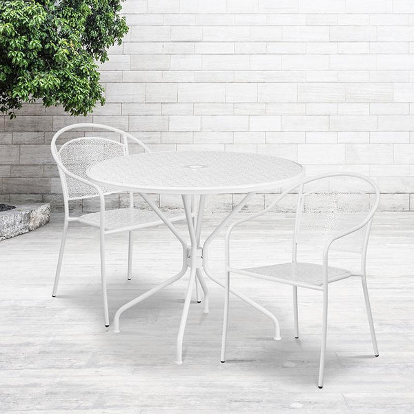 Flash Furniture 35.25'' Round White Indoor-Outdoor Steel Patio Table Set with 2 Round Back Chairs - CO-35RD-03CHR2-WH-GG
