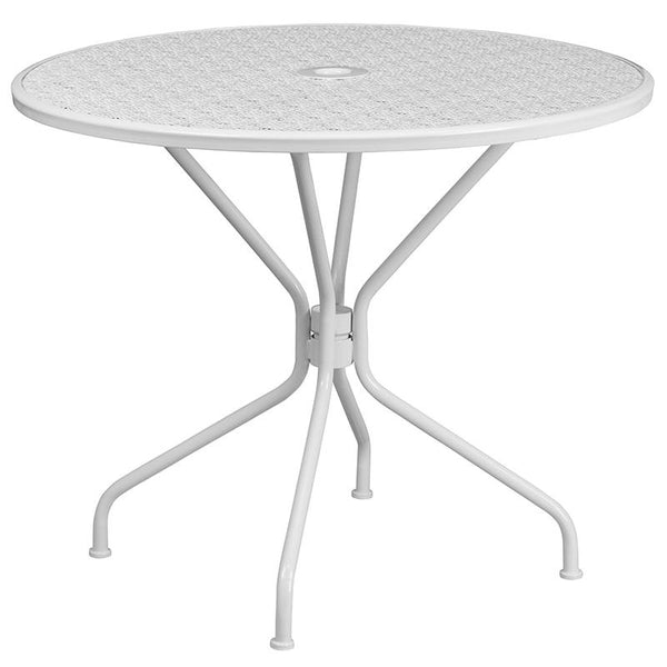 Flash Furniture 35.25'' Round White Indoor-Outdoor Steel Patio Table Set with 2 Round Back Chairs - CO-35RD-03CHR2-WH-GG