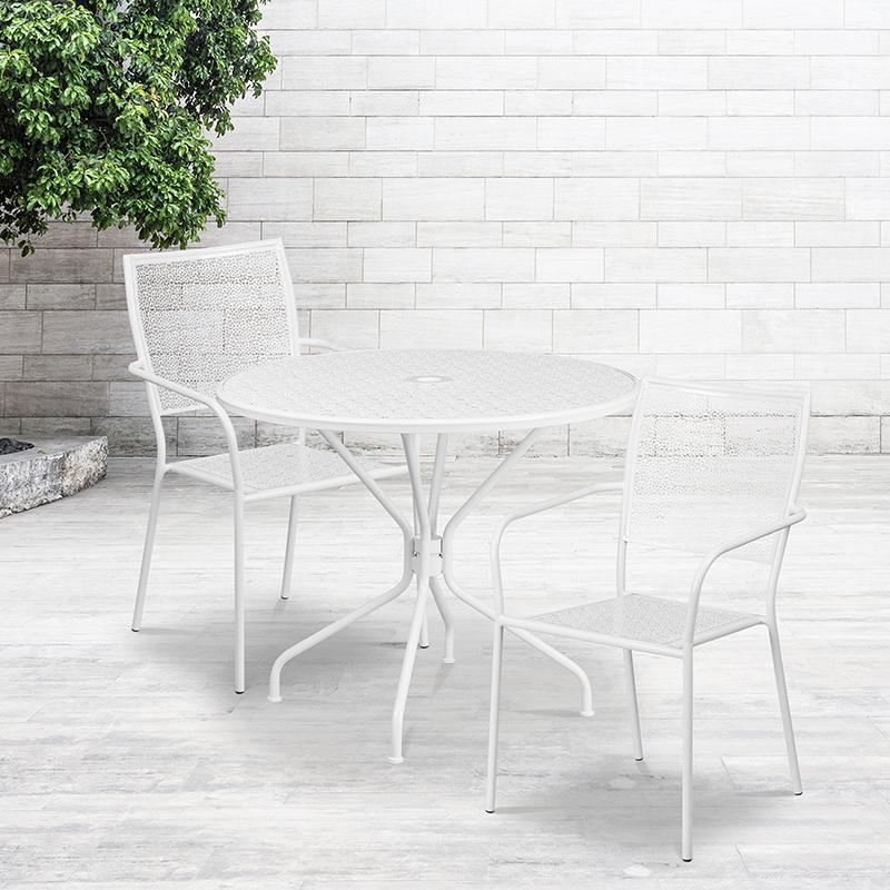 Flash Furniture 35.25'' Round White Indoor-Outdoor Steel Patio Table Set with 2 Square Back Chairs - CO-35RD-02CHR2-WH-GG