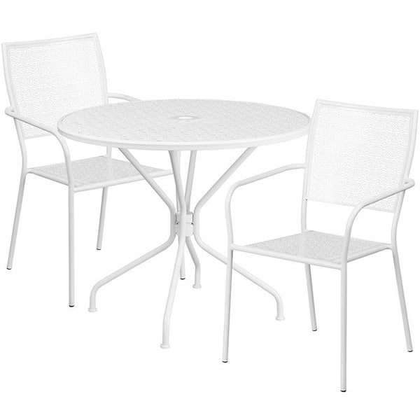 Flash Furniture 35.25'' Round White Indoor-Outdoor Steel Patio Table Set with 2 Square Back Chairs - CO-35RD-02CHR2-WH-GG