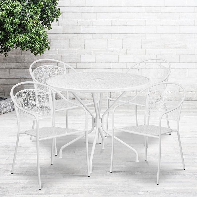 Flash Furniture 35.25'' Round White Indoor-Outdoor Steel Patio Table Set with 4 Round Back Chairs - CO-35RD-03CHR4-WH-GG