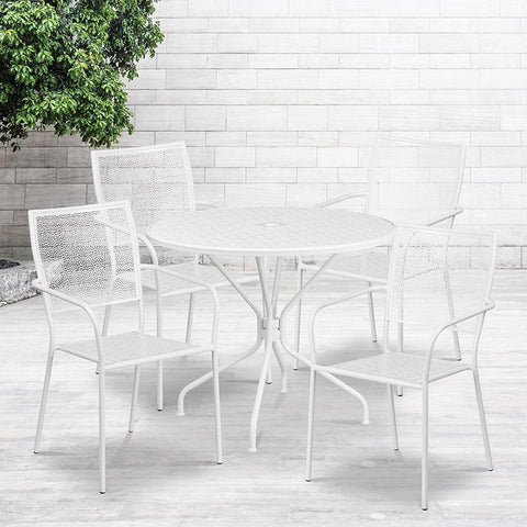 Flash Furniture 35.25'' Round White Indoor-Outdoor Steel Patio Table Set with 4 Square Back Chairs - CO-35RD-02CHR4-WH-GG