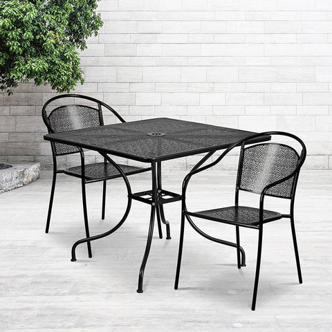 Flash Furniture 35.5'' Square Black Indoor-Outdoor Steel Patio Table Set with 2 Round Back Chairs - CO-35SQ-03CHR2-BK-GG