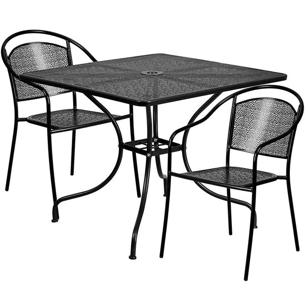 Flash Furniture 35.5'' Square Black Indoor-Outdoor Steel Patio Table Set with 2 Round Back Chairs - CO-35SQ-03CHR2-BK-GG
