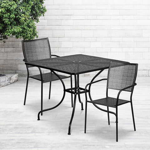 Flash Furniture 35.5'' Square Black Indoor-Outdoor Steel Patio Table Set with 2 Square Back Chairs - CO-35SQ-02CHR2-BK-GG