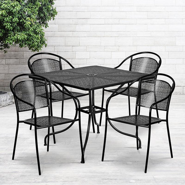 Flash Furniture 35.5'' Square Black Indoor-Outdoor Steel Patio Table Set with 4 Round Back Chairs - CO-35SQ-03CHR4-BK-GG