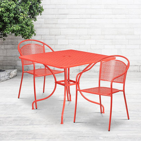 Flash Furniture 35.5'' Square Coral Indoor-Outdoor Steel Patio Table Set with 2 Round Back Chairs - CO-35SQ-03CHR2-RED-GG