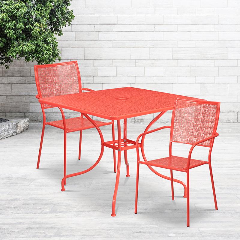Flash Furniture 35.5'' Square Coral Indoor-Outdoor Steel Patio Table Set with 2 Square Back Chairs - CO-35SQ-02CHR2-RED-GG