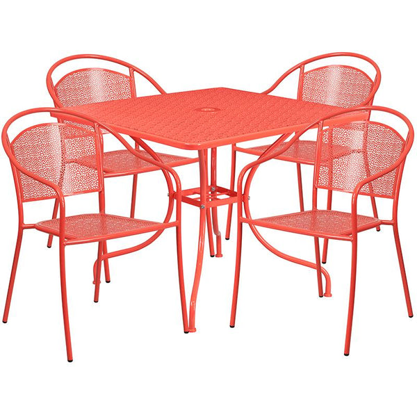 Flash Furniture 35.5'' Square Coral Indoor-Outdoor Steel Patio Table Set with 4 Round Back Chairs - CO-35SQ-03CHR4-RED-GG