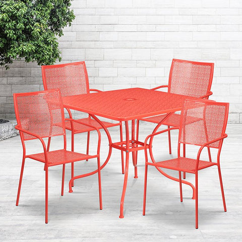 Flash Furniture 35.5'' Square Coral Indoor-Outdoor Steel Patio Table Set with 4 Square Back Chairs - CO-35SQ-02CHR4-RED-GG