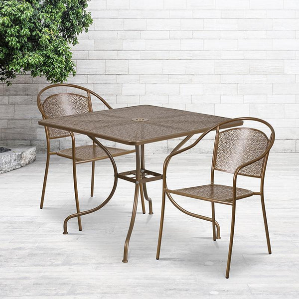 Flash Furniture 35.5'' Square Gold Indoor-Outdoor Steel Patio Table Set with 2 Round Back Chairs - CO-35SQ-03CHR2-GD-GG