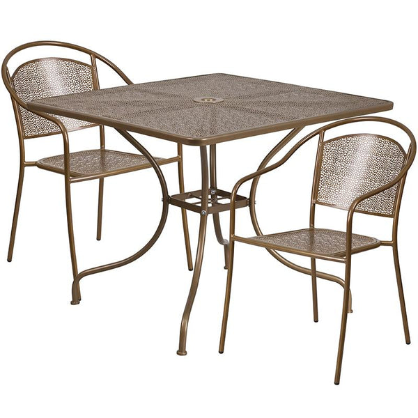 Flash Furniture 35.5'' Square Gold Indoor-Outdoor Steel Patio Table Set with 2 Round Back Chairs - CO-35SQ-03CHR2-GD-GG