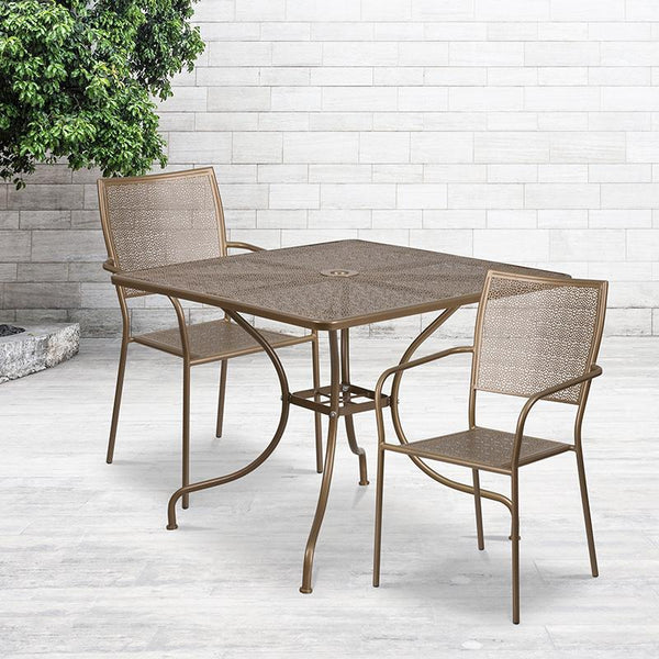 Flash Furniture 35.5'' Square Gold Indoor-Outdoor Steel Patio Table Set with 2 Square Back Chairs - CO-35SQ-02CHR2-GD-GG