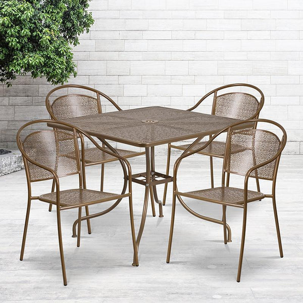 Flash Furniture 35.5'' Square Gold Indoor-Outdoor Steel Patio Table Set with 4 Round Back Chairs - CO-35SQ-03CHR4-GD-GG