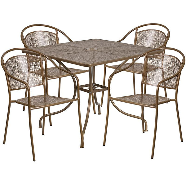 Flash Furniture 35.5'' Square Gold Indoor-Outdoor Steel Patio Table Set with 4 Round Back Chairs - CO-35SQ-03CHR4-GD-GG