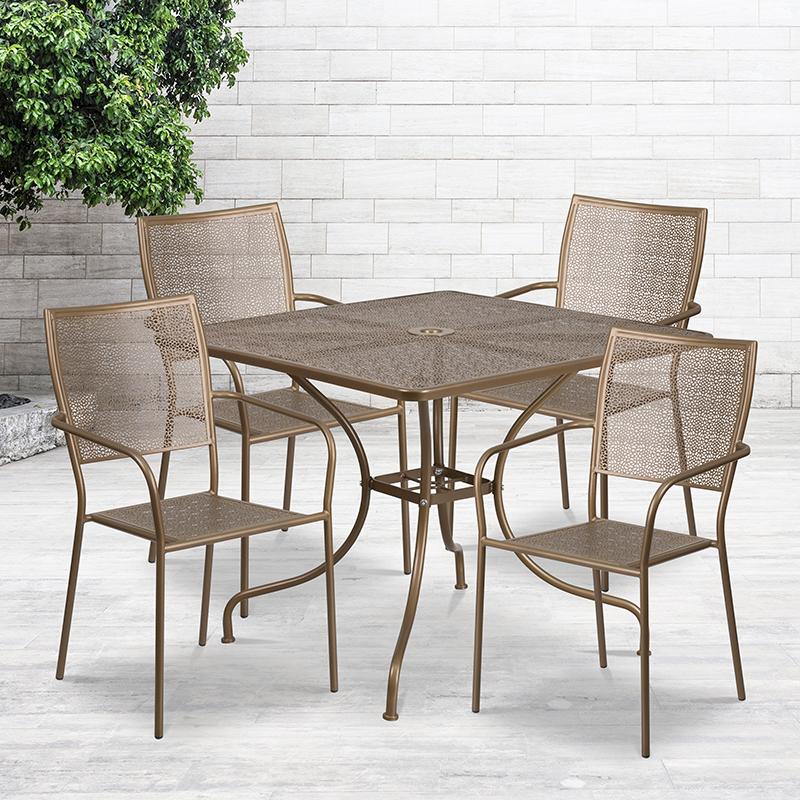 Flash Furniture 35.5'' Square Gold Indoor-Outdoor Steel Patio Table Set with 4 Square Back Chairs - CO-35SQ-02CHR4-GD-GG