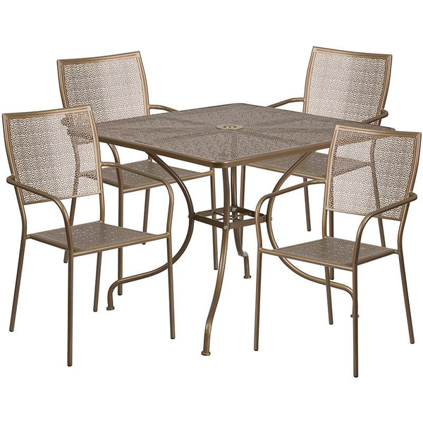 Flash Furniture 35.5'' Square Gold Indoor-Outdoor Steel Patio Table Set with 4 Square Back Chairs - CO-35SQ-02CHR4-GD-GG