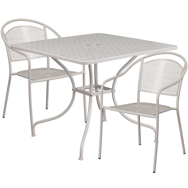 Flash Furniture 35.5'' Square Light Gray Indoor-Outdoor Steel Patio Table Set with 2 Round Back Chairs - CO-35SQ-03CHR2-SIL-GG