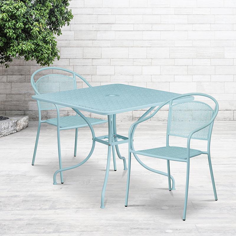 Flash Furniture 35.5'' Square Sky Blue Indoor-Outdoor Steel Patio Table Set with 2 Round Back Chairs - CO-35SQ-03CHR2-SKY-GG