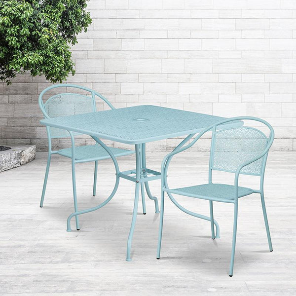 Flash Furniture 35.5'' Square Sky Blue Indoor-Outdoor Steel Patio Table Set with 2 Round Back Chairs - CO-35SQ-03CHR2-SKY-GG