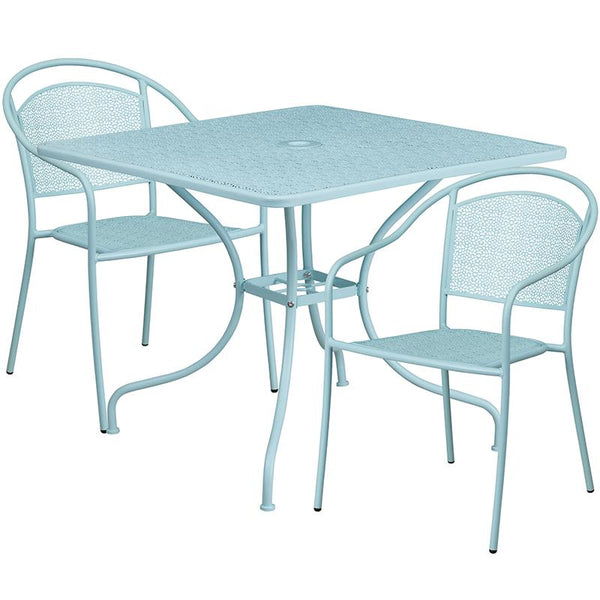 Flash Furniture 35.5'' Square Sky Blue Indoor-Outdoor Steel Patio Table Set with 2 Round Back Chairs - CO-35SQ-03CHR2-SKY-GG