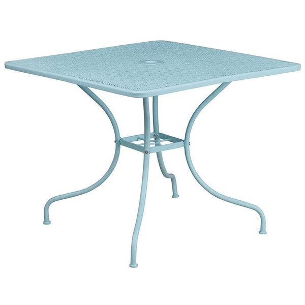 Flash Furniture 35.5'' Square Sky Blue Indoor-Outdoor Steel Patio Table Set with 2 Round Back Chairs - CO-35SQ-03CHR2-SKY-GG