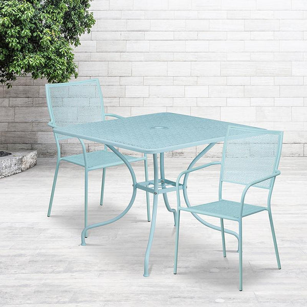 Flash Furniture 35.5'' Square Sky Blue Indoor-Outdoor Steel Patio Table Set with 2 Square Back Chairs - CO-35SQ-02CHR2-SKY-GG