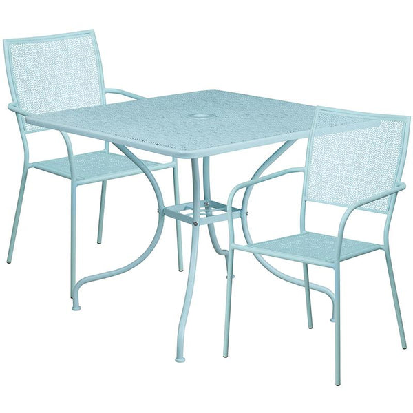 Flash Furniture 35.5'' Square Sky Blue Indoor-Outdoor Steel Patio Table Set with 2 Square Back Chairs - CO-35SQ-02CHR2-SKY-GG