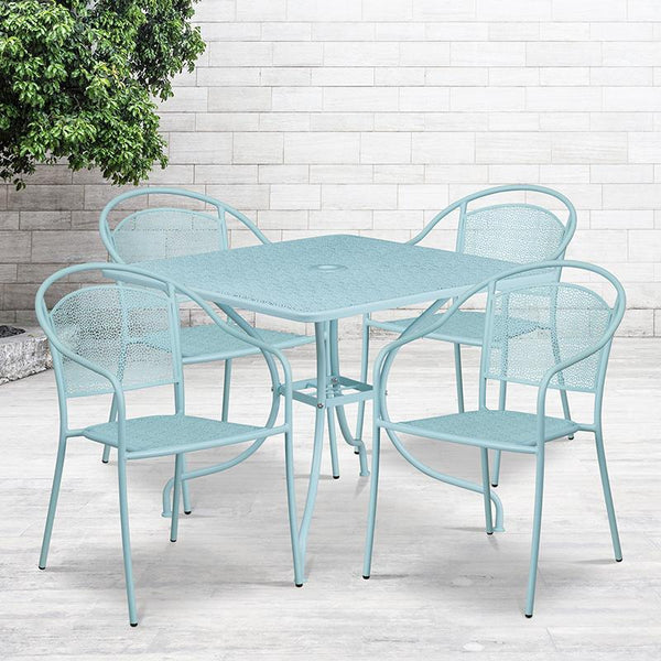 Flash Furniture 35.5'' Square Sky Blue Indoor-Outdoor Steel Patio Table Set with 4 Round Back Chairs - CO-35SQ-03CHR4-SKY-GG