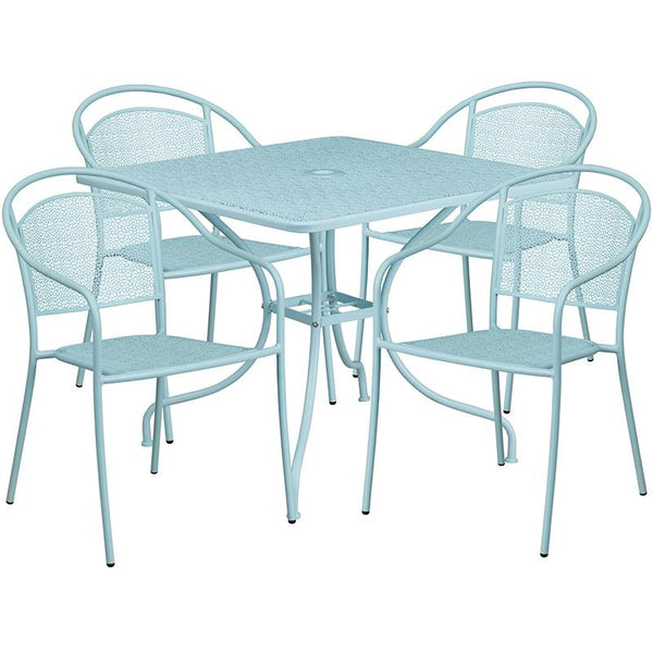 Flash Furniture 35.5'' Square Sky Blue Indoor-Outdoor Steel Patio Table Set with 4 Round Back Chairs - CO-35SQ-03CHR4-SKY-GG