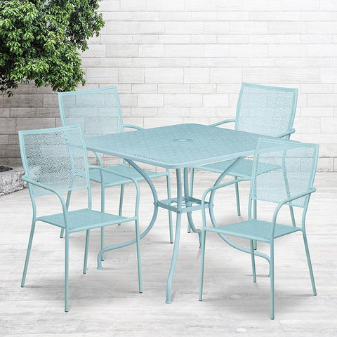 Flash Furniture 35.5'' Square Sky Blue Indoor-Outdoor Steel Patio Table Set with 4 Square Back Chairs - CO-35SQ-02CHR4-SKY-GG