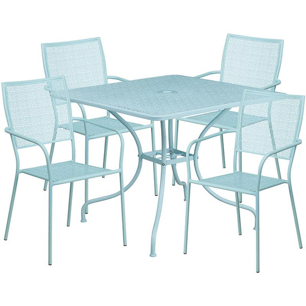 Flash Furniture 35.5'' Square Sky Blue Indoor-Outdoor Steel Patio Table Set with 4 Square Back Chairs - CO-35SQ-02CHR4-SKY-GG