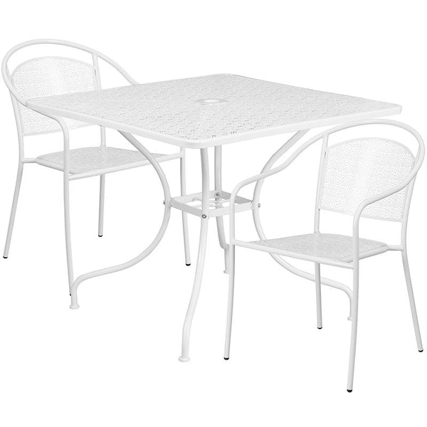 Flash Furniture 35.5'' Square White Indoor-Outdoor Steel Patio Table Set with 2 Round Back Chairs - CO-35SQ-03CHR2-WH-GG