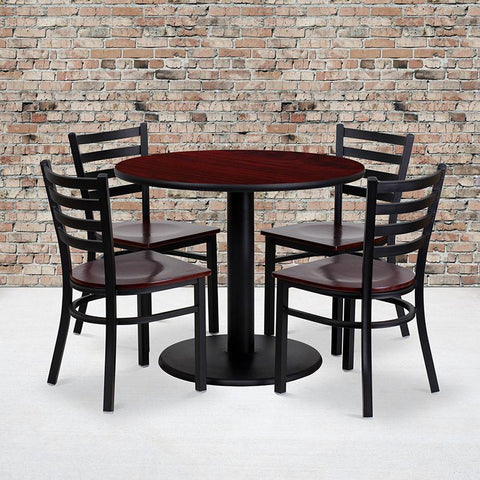 Flash Furniture 36'' Round Mahogany Laminate Table Set with 4 Ladder Back Metal Chairs - Mahogany Wood Seat - MD-0004-GG