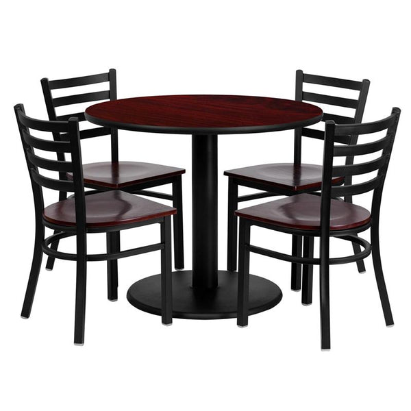 Flash Furniture 36'' Round Mahogany Laminate Table Set with 4 Ladder Back Metal Chairs - Mahogany Wood Seat - MD-0004-GG
