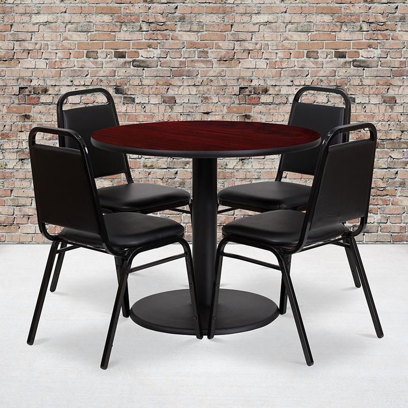 Flash Furniture 36'' Round Mahogany Laminate Table Set with Round Base and 4 Black Trapezoidal Back Banquet Chairs - RSRB1002-GG