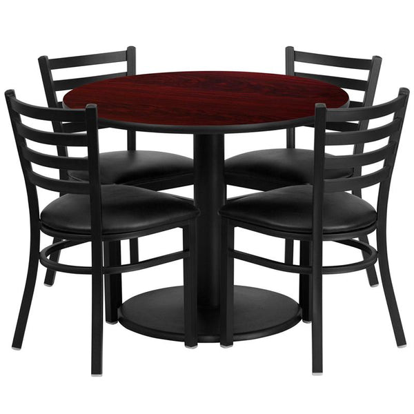 Flash Furniture 36'' Round Mahogany Laminate Table Set with Round Base and 4 Ladder Back Metal Chairs - Black Vinyl Seat - RSRB1030-GG