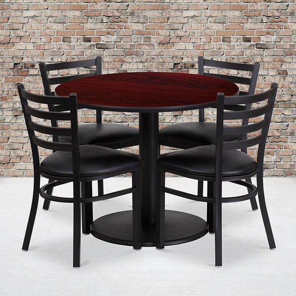 Flash Furniture 36'' Round Mahogany Laminate Table Set with Round Base and 4 Ladder Back Metal Chairs - Black Vinyl Seat - RSRB1030-GG