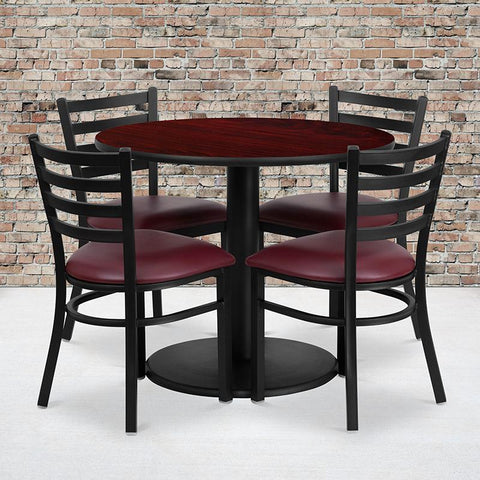 Flash Furniture 36'' Round Mahogany Laminate Table Set with Round Base and 4 Ladder Back Metal Chairs - Burgundy Vinyl Seat - RSRB1006-GG