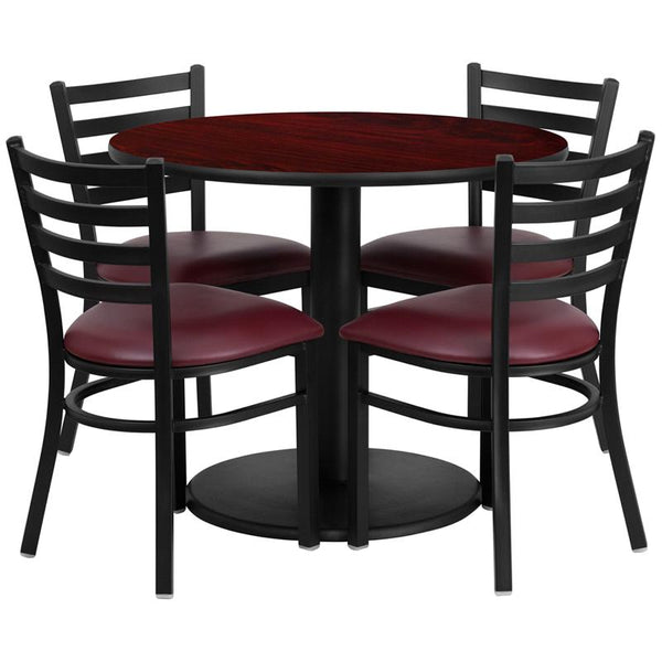 Flash Furniture 36'' Round Mahogany Laminate Table Set with Round Base and 4 Ladder Back Metal Chairs - Burgundy Vinyl Seat - RSRB1006-GG