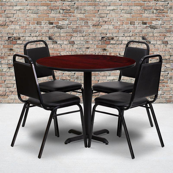 Flash Furniture 36'' Round Mahogany Laminate Table Set with X-Base and 4 Black Trapezoidal Back Banquet Chairs - HDBF1002-GG