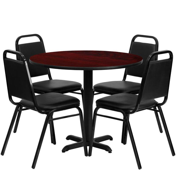 Flash Furniture 36'' Round Mahogany Laminate Table Set with X-Base and 4 Black Trapezoidal Back Banquet Chairs - HDBF1002-GG