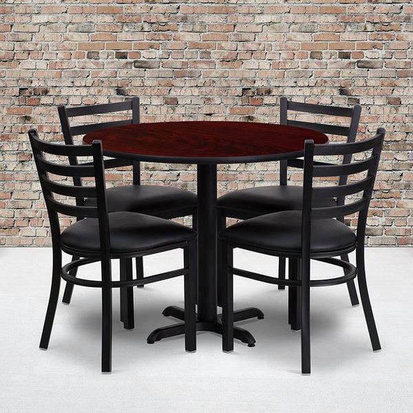 Flash Furniture 36'' Round Mahogany Laminate Table Set with X-Base and 4 Ladder Back Metal Chairs - Black Vinyl Seat - HDBF1030-GG