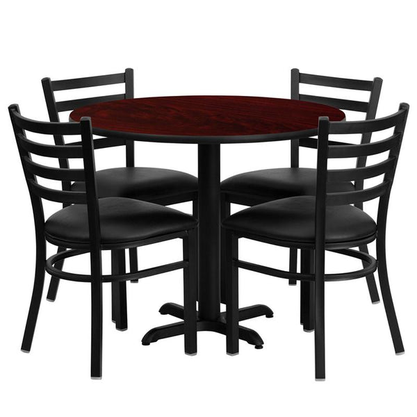 Flash Furniture 36'' Round Mahogany Laminate Table Set with X-Base and 4 Ladder Back Metal Chairs - Black Vinyl Seat - HDBF1030-GG