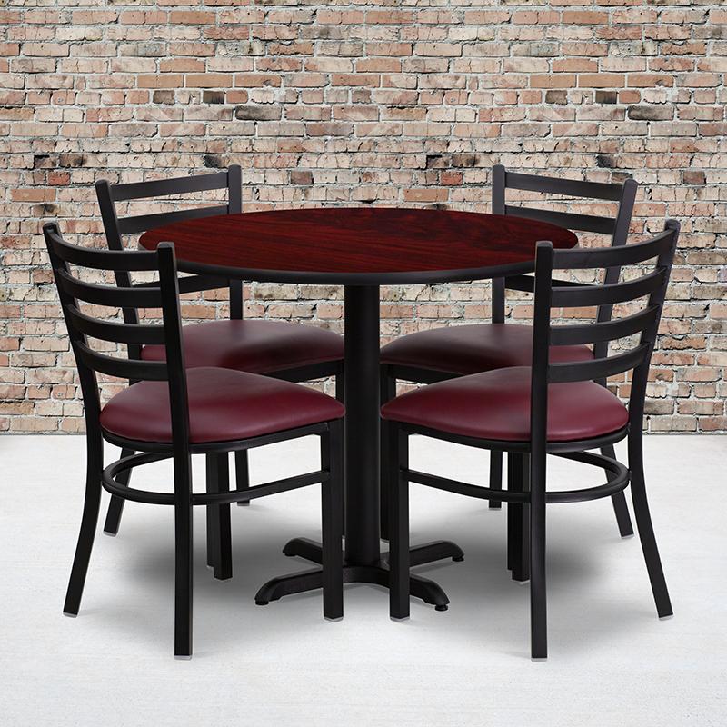 Flash Furniture 36'' Round Mahogany Laminate Table Set with X-Base and 4 Ladder Back Metal Chairs - Burgundy Vinyl Seat - HDBF1006-GG