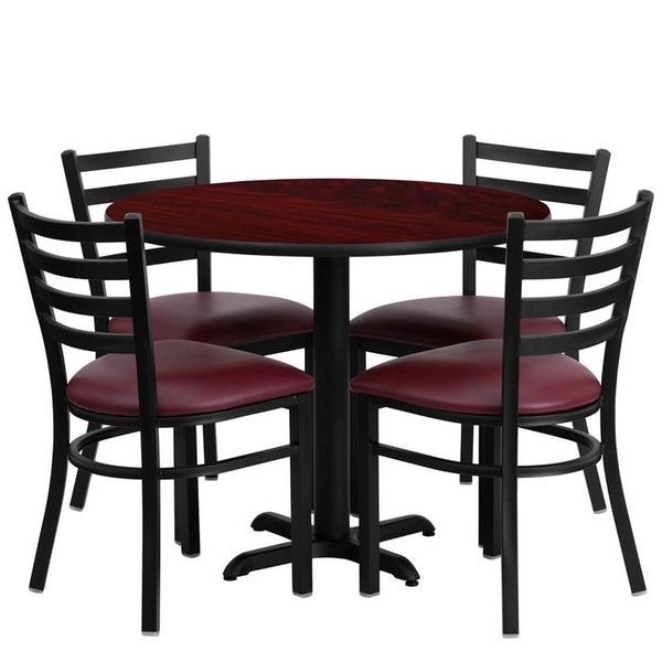 Flash Furniture 36'' Round Mahogany Laminate Table Set with X-Base and 4 Ladder Back Metal Chairs - Burgundy Vinyl Seat - HDBF1006-GG