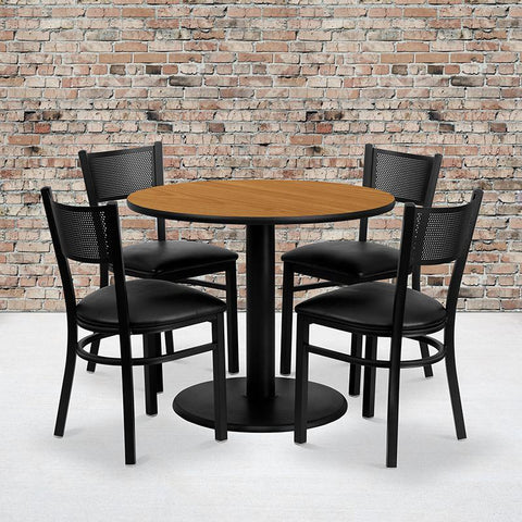 Flash Furniture 36'' Round Natural Laminate Table Set with 4 Grid Back Metal Chairs - Black Vinyl Seat - MD-0006-GG