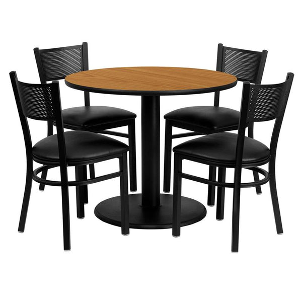 Flash Furniture 36'' Round Natural Laminate Table Set with 4 Grid Back Metal Chairs - Black Vinyl Seat - MD-0006-GG