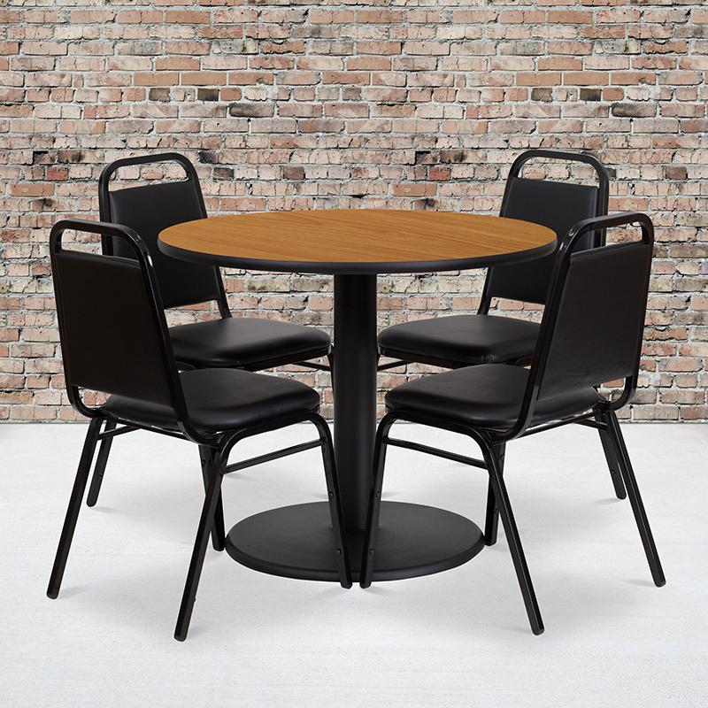 Flash Furniture 36'' Round Natural Laminate Table Set with Round Base and 4 Black Trapezoidal Back Banquet Chairs - RSRB1003-GG